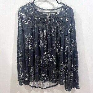 Long bell sleeve dark gray floral oversized peasant top size small